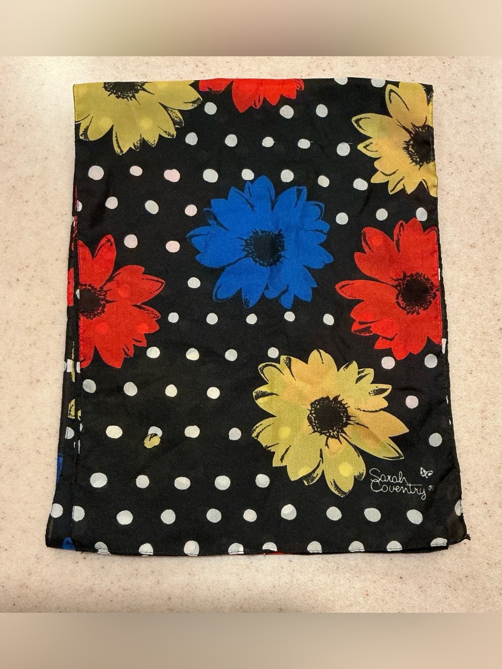 Sarah Coventry Black Polka Dot Scarf with Red Blue and Yellow Floral Print